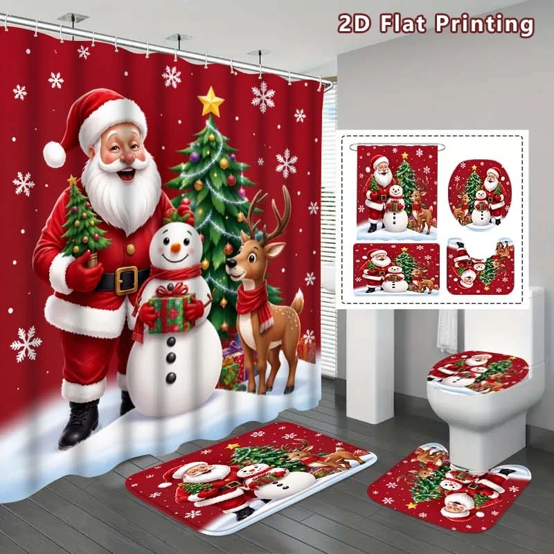 4pc 2D Flat Christmas Shower Curtain Set, Red Background with Santa & Reindeer Print, U Mat & Toilet Cover, Christmas Home Decor