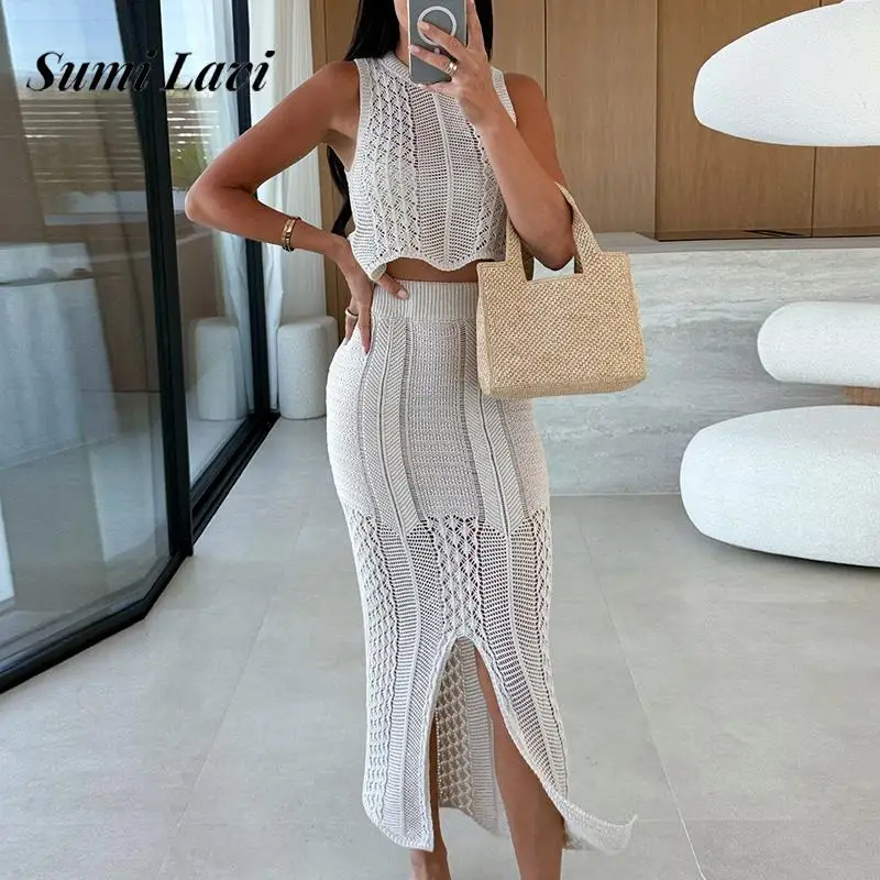

Summer Casual Holiday Hollow Out Knitted Suit Women Solid Beach Outfits Sexy Sleeveless Vest Top & Wrap Hips Skirts 2 Piece Sets