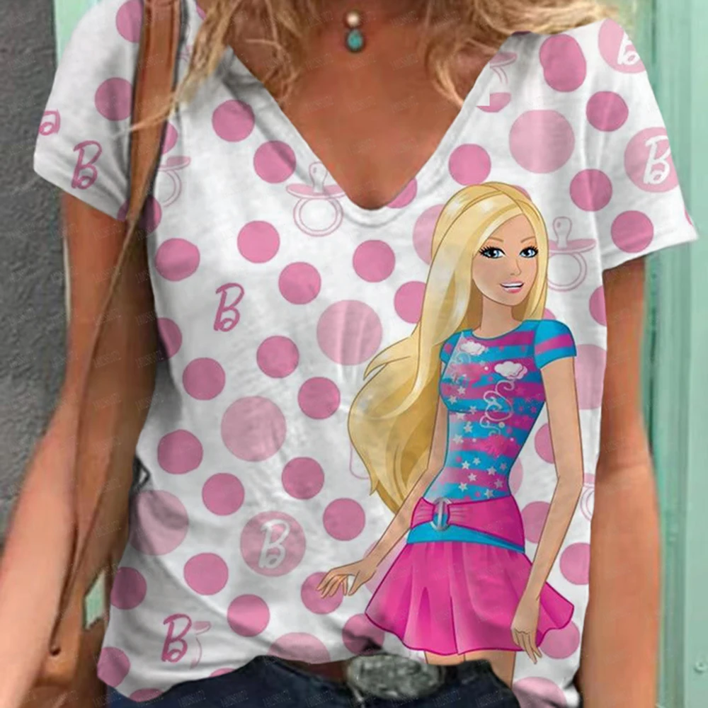 Fashion Woman Blouses 2024 T-shirt Women's 3d Barbie print Pink Kawaii V-neck T Shirt Female Clothing Oversized Summer Tops Tee