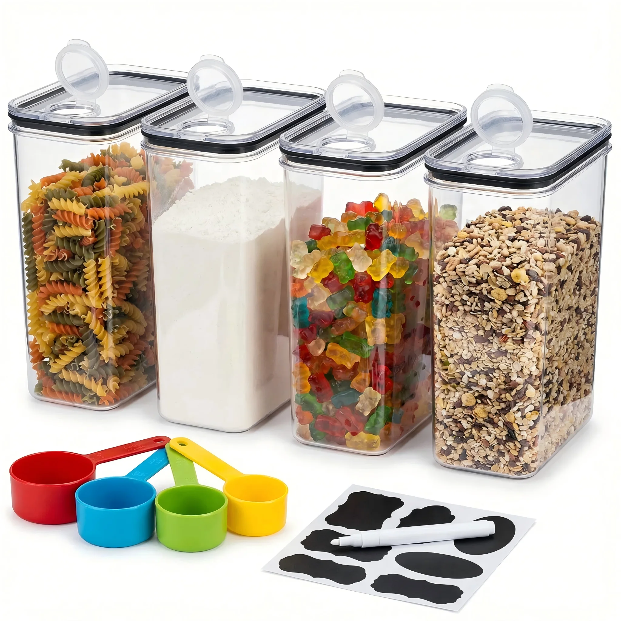 Vorratsdosen 4er Set 4L mit Deckel Luftdicht – BPA-freie Aufbewahrungsboxen für Mehl, Zucker, Müsli, Reis – Küchen Organizer mit Ausguss und Etiketten