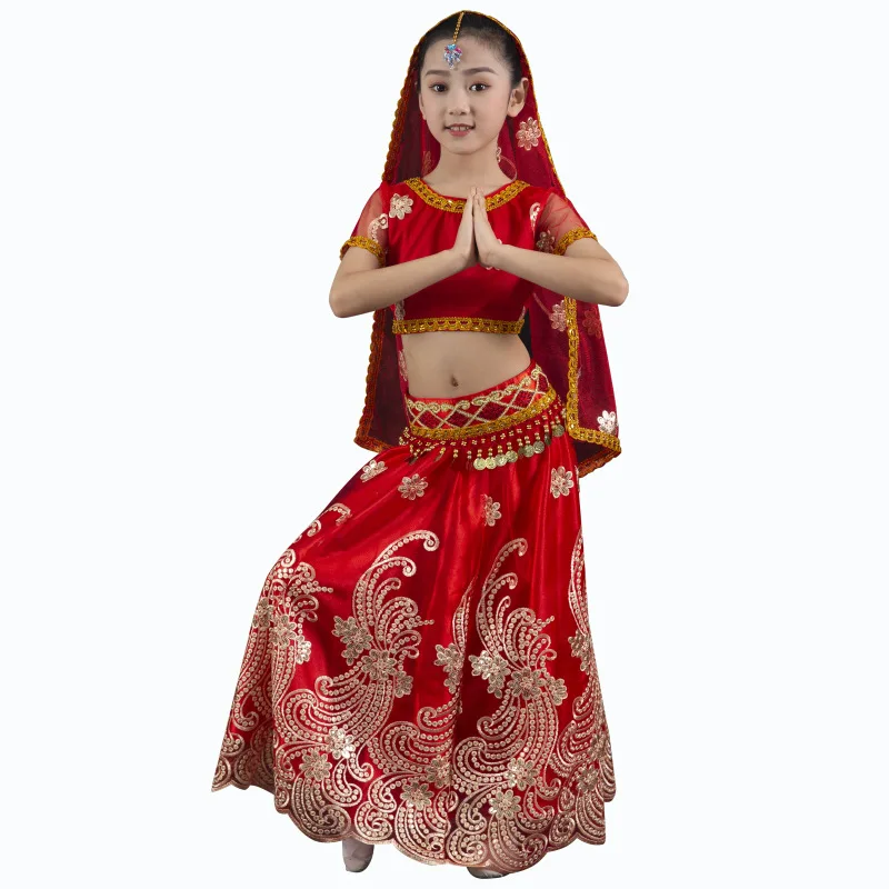 Girl Kids Belly Dance Indian Costume Set Oriental Dance Sari Bollywood Children Chiffon Performance Stage Outfit