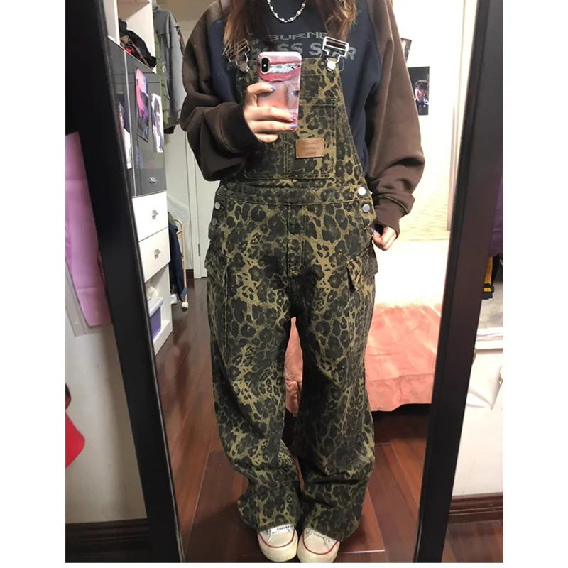 Overalls Pants Women's Suspender Jeans Spring Plus Size Streetwear Baggy Pants Vintage Leopard Print Mom Denim Braces Trouser