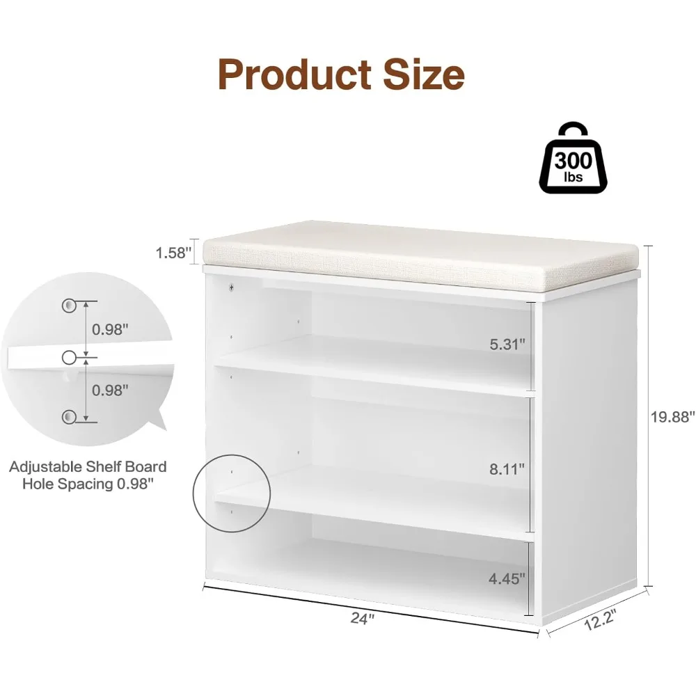 Organizer Shoe Rack 3-Tier Entryway Shoe Storage Bench With Cushion & Adjustable Shelves Living Room Shoerack White Mudroom Home