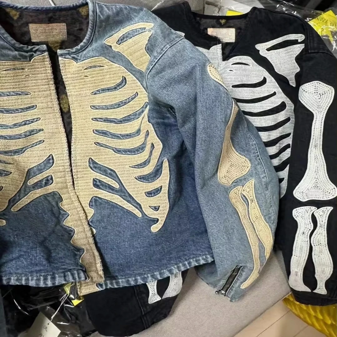 26SS New KAPL Double-Sided Wear Denim Heavyweight Bone Embroidery Zip Loose Jaet Coat ex Cotton Long Sve Flip Collar