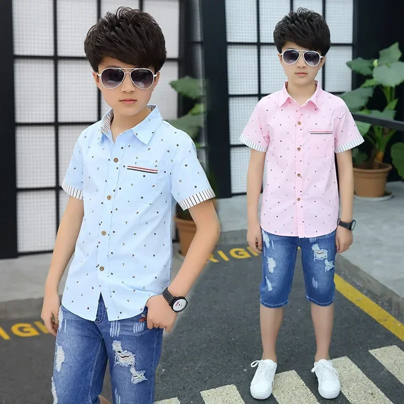 Age 4-13 Years 2025 Summer Toddler Teenage Dot School Boy Clothing Kids Boys Shirts Children Short Sleeve Clothes Tops