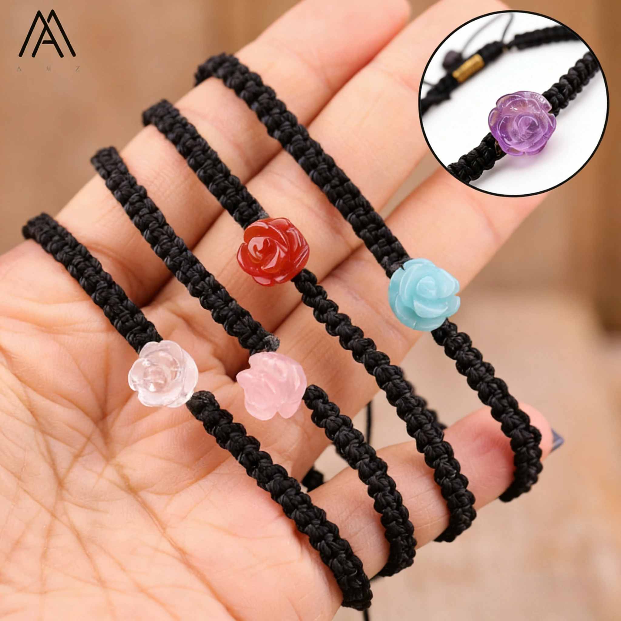 Pulsera minimalista de flores rosas, cuentas de piedra talladas a mano, joyería de cristal curativo, regalo de San Valentín de amor