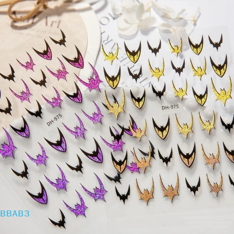 【B】Láser estampado en caliente Halloween murciélago oscuro Cruz adhesivo pegatinas para decoración de uñas calcomanías manicura brillante rojo plata negro encantos