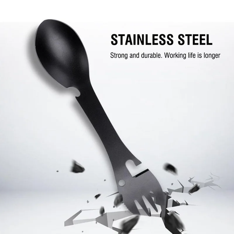Outdoor Survival Tool 5-in-1 Camping Multi-Functional EDC Practical Set: Fork, Knife, Spoon, Bottle/Can Opener, Hiking Gadget
