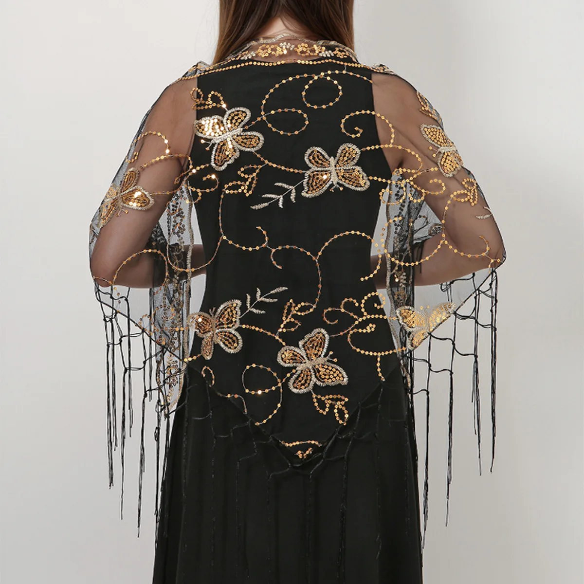 New Mesh Sequin Butterfly Triangle Scarf, Summer Capelet Shawl for Cheongsam, Gown Wedding Fringe Wrap