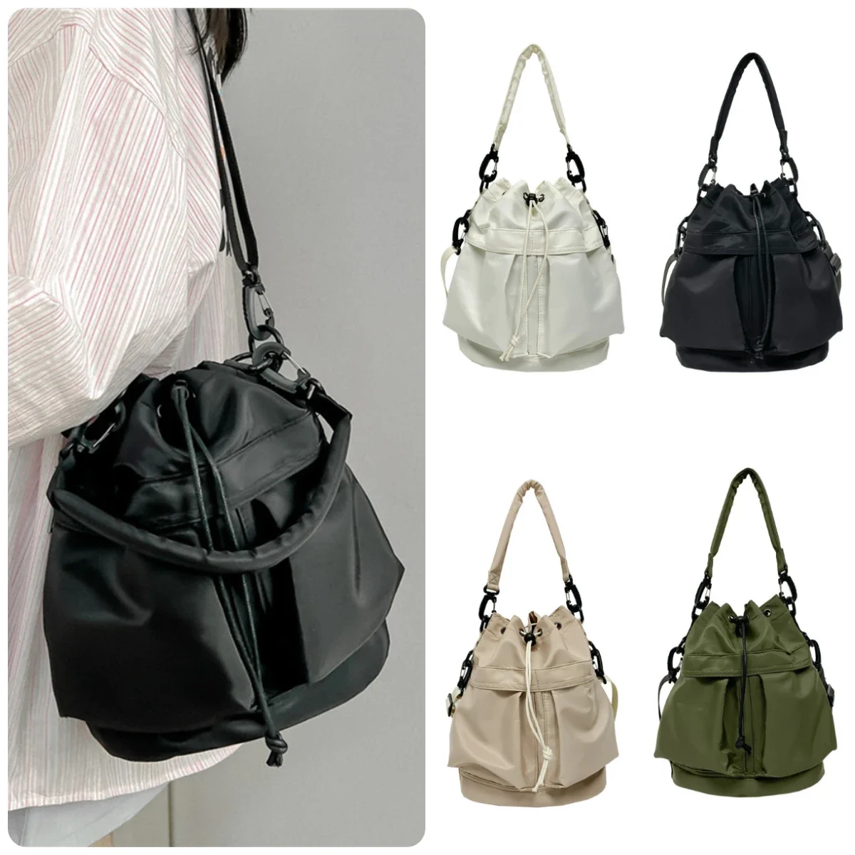 

New Nylon String Bucket Bags Korean Style Drawstring Soft Crossbody Bag Large Capacity Casual Shoulder Bag Fashion Women's Bag