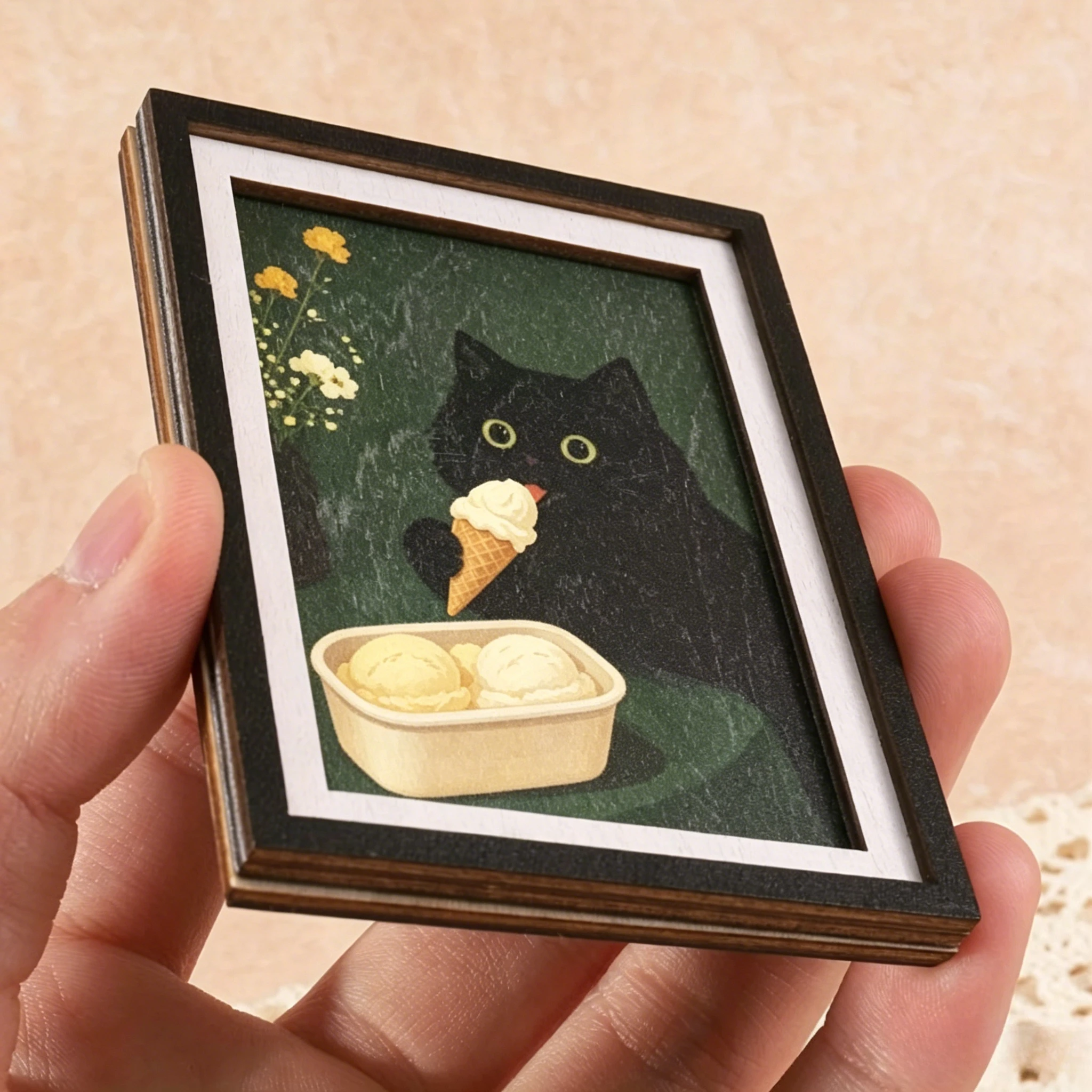 Holzgerahmter Kühlschrankmagnet, niedliche schwarze Katze, die Eiscreme isst, Vintage-Kunstdekoration für Küchenkühlschrank, Heimdekoration für Katzenliebhaber – Detail 3