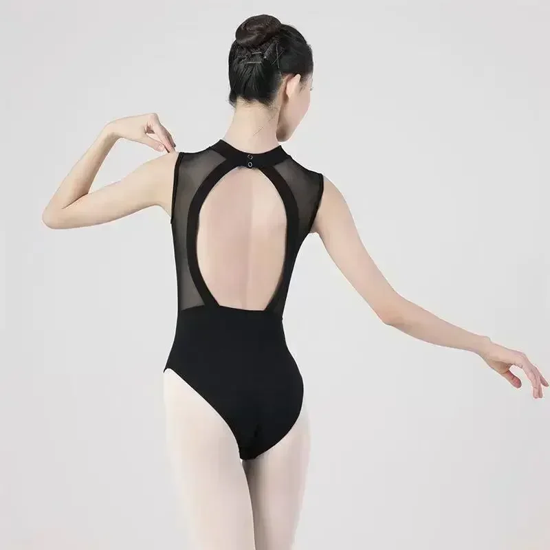 

Women Black Red Mesh Dance Leotards Turtleneck Sleeveless Leotard Adult Girls Ballet Gymnastics Bodysuit Backless Swimwear