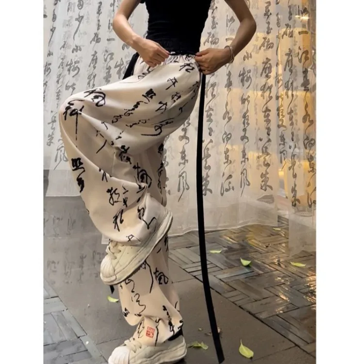 New Chinese Style Calligraphy Pants 2024 Summer  Ice Silk Straight Trousers Y2k E-Girl High Waist Loose Wide Leg 