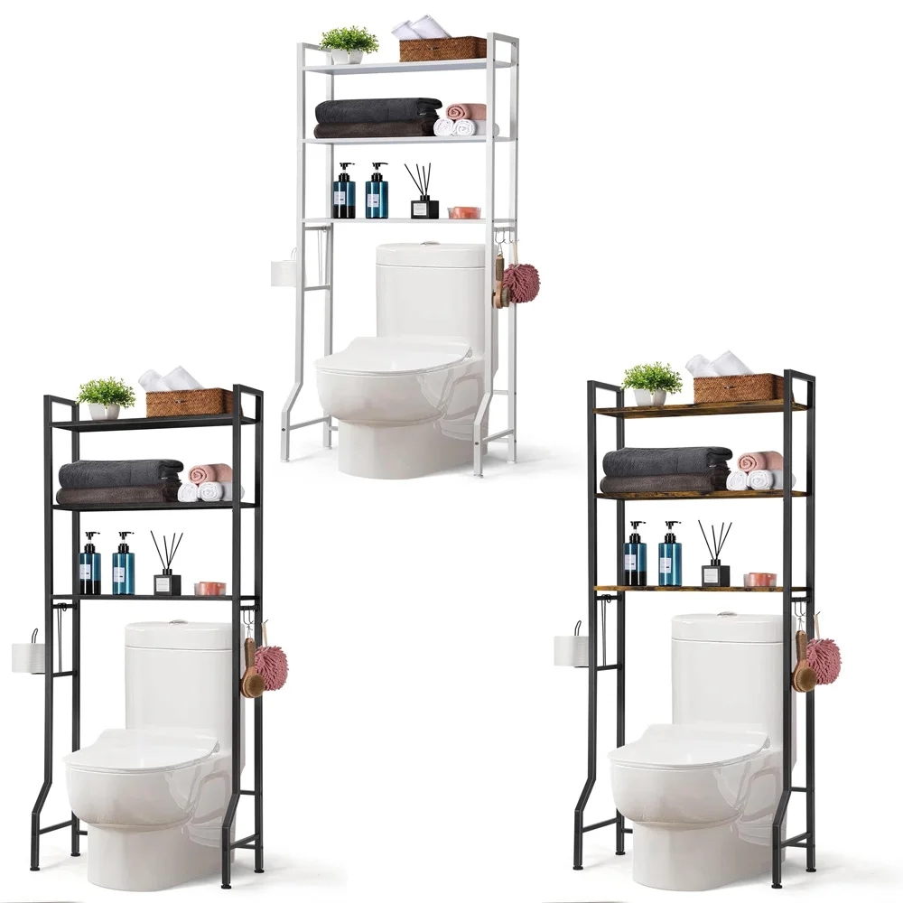 There is a 3-story bathroom sorting rack with a paper rack and 3 hooks on top, independent of the toilet storage rack above