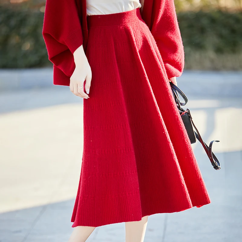 Autumn WinterFashion 100% Merino Wool Cardigan Women Clothing Skirt High-Waisted Pure Wool Versatile Women Skirt