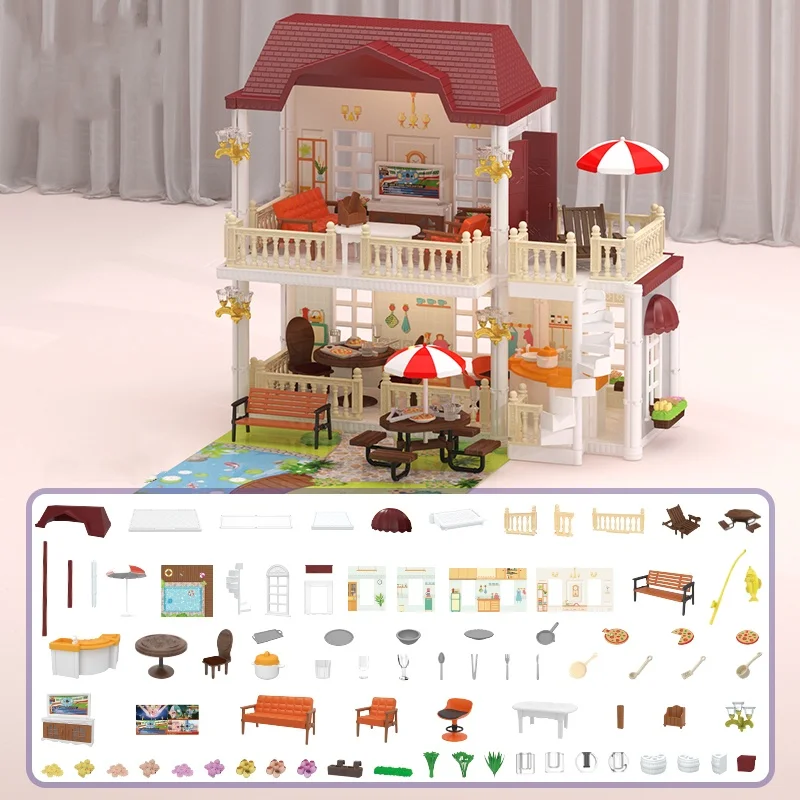 Model DIY anak-anak Villa kecil termasuk dapur ruang tamu miniatur furnitur rumah boneka Villa Set Simulasi perakitan mainan