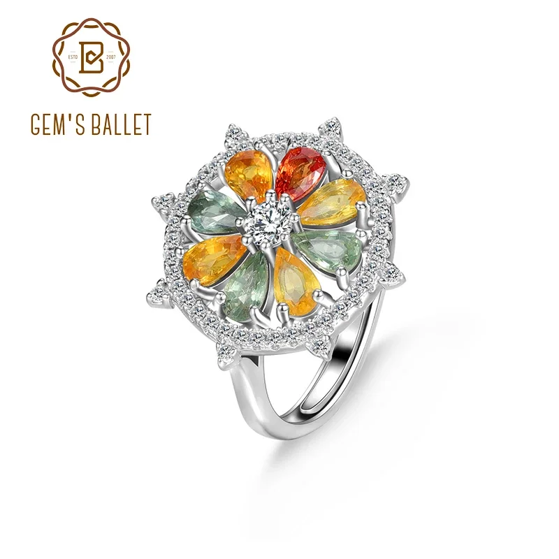 

GEM'S BALLET "Romantic Garden" Natural Multi-color Sapphire Flower Ring Solid 925 Sterling Silver Gemstone Adjustable Ring
