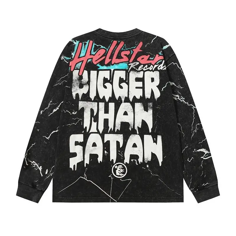 Hellstar American Letter Print Streetwear Vintage Washed Long Sleeve Base Layer T-Shirt Ins Unisex Men Women Casual