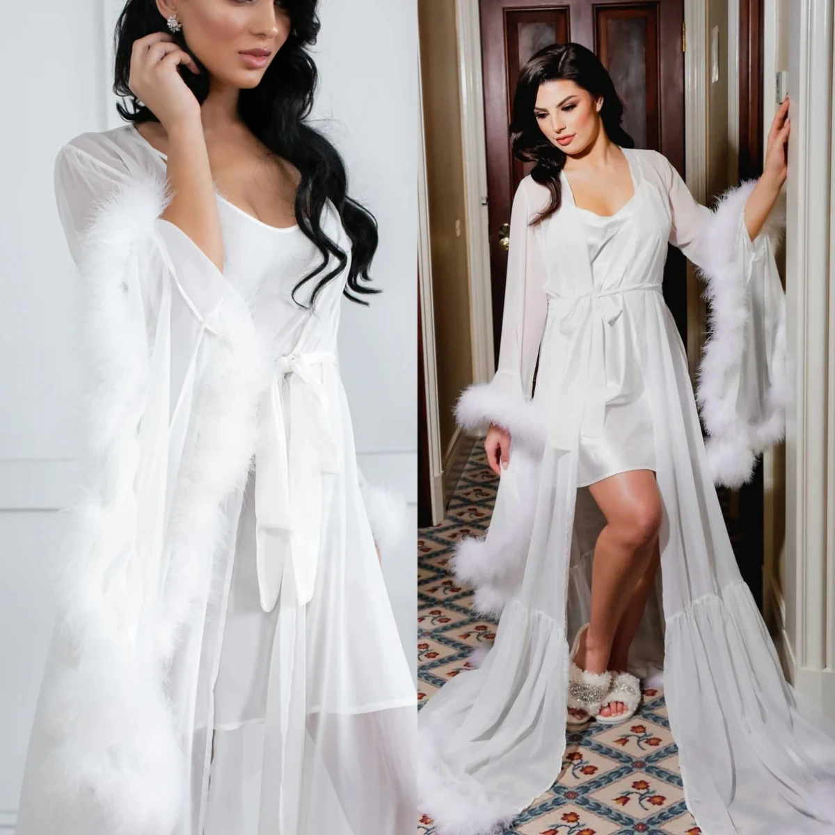 Cswdocy Elegant Fur Bride Wedding Robe And Nightgown Feather Long Bridal Gowns Photo shoot Maternity Dressing Gown Photography