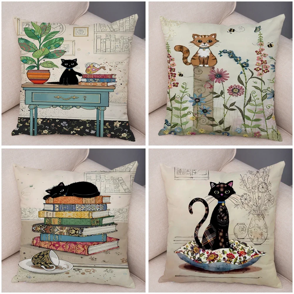 Double Print Cute Elegant Black Cat Cushion Cover Decor Cartoon Animal Pillow Case for Sofa Home Car Soft Plush Throw Pillowcase