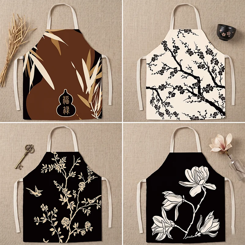

Traditional Chinese Style Cotton Linen Apron for Women Kitchen Cooking Baking Pinafore Zen Floral Printed Tea House Barista Bib