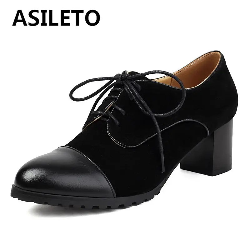 

ASILETO Roman Style Women Pumps Round Toe Block Heels 5.5cm Lace Up Mixed Color Flock Suede Big Size 42 43 Leisure Daily Shoes