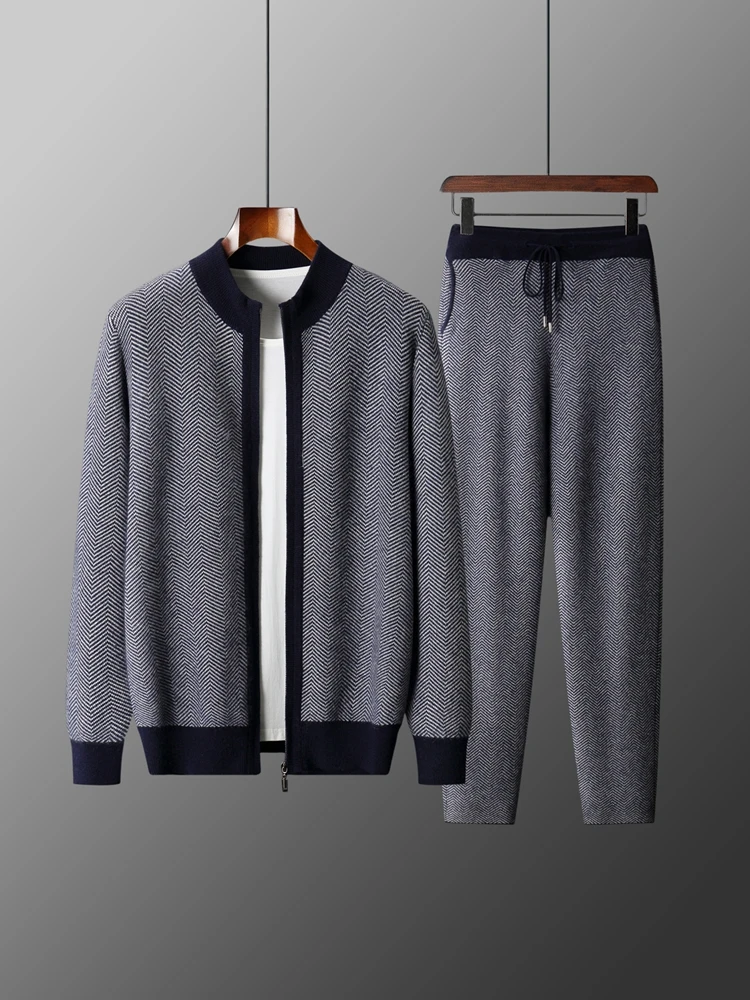 Men's Sweater Set 100% Merino Wool Cardigan Pants Autumn Winter Sweater Clothes Jacket Pencil Pant Suit Thick Mock Neck Ensemble