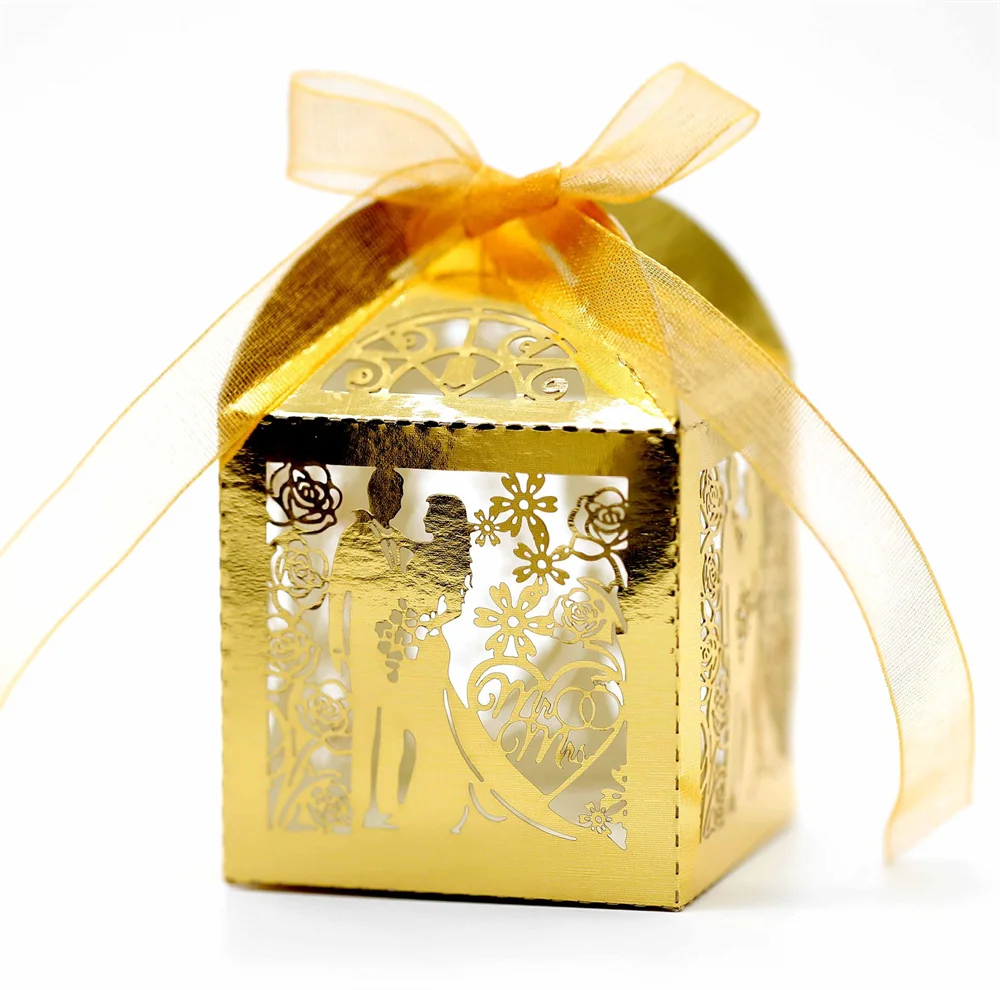 50 Teile/los Lase Cut Braut Bräutigam Hochzeit Süßigkeiten Candy Box Gäste Geschenk Boxen Papier Verpackung Baby Dusche Schokolade Cookie Box