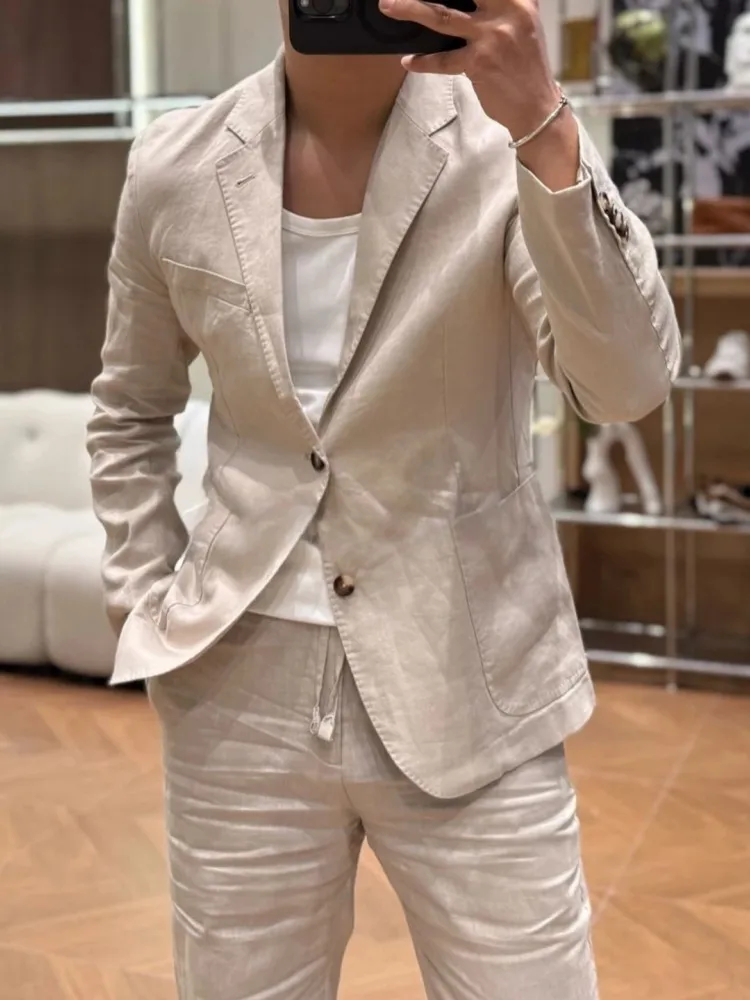 Men Summer Suit Set Turndown Collar Single Breasted Suit Blazer Jacket Long Pants Matching Sets Business Work Casual Outfits Set
