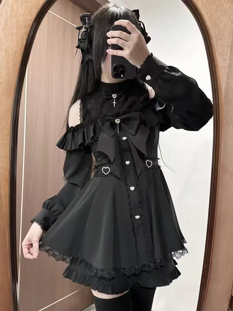 Sukienka w stylu Y2K z japońską koronką, Jirai Kei, Yami Kawaii, styl akademicki, kokarda, falbana na dole, dopasowana spódnica bodycon dla kobiet, jesień