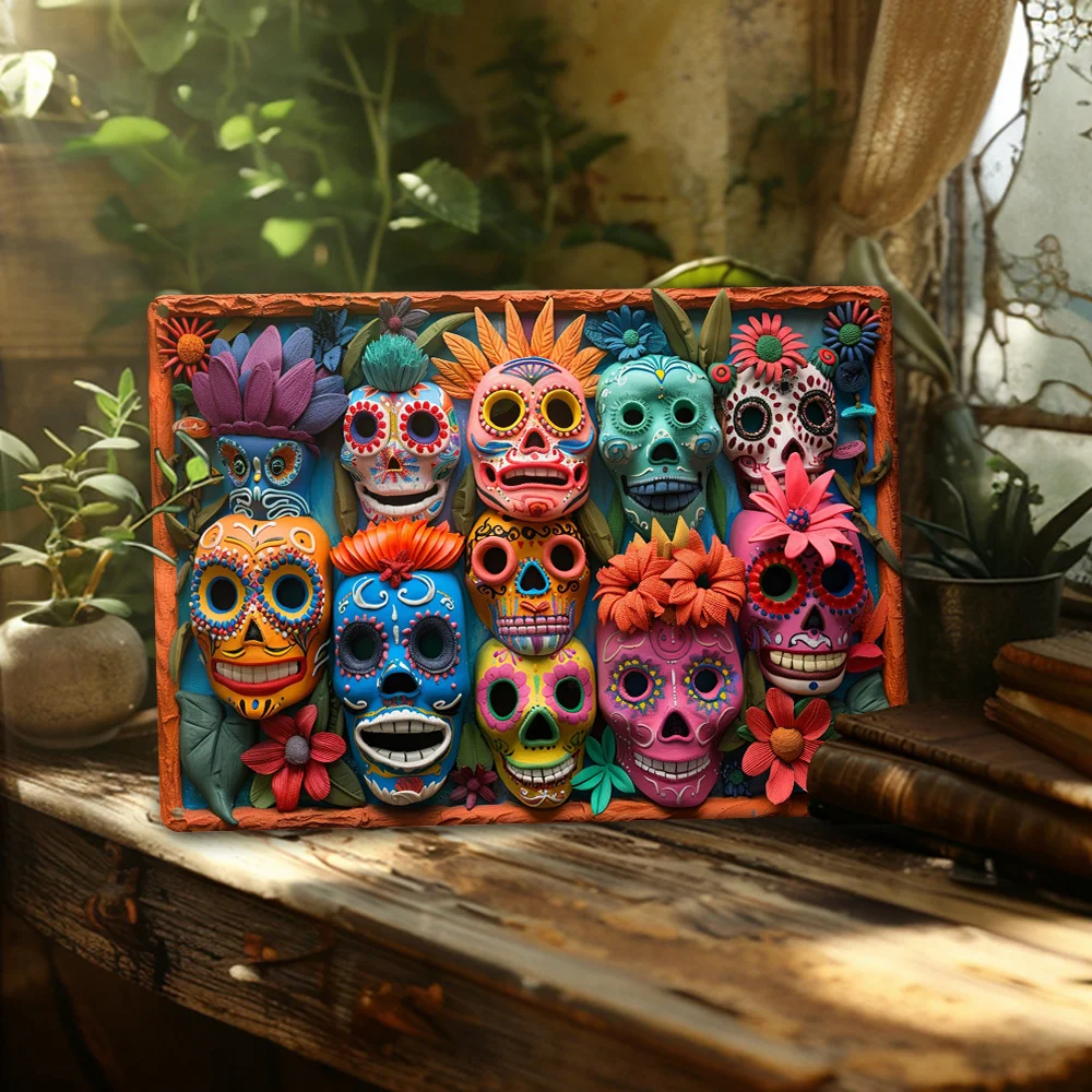 Mexican Day of The Dead Sugar Skull Masks Wall Art Decor - Vintage Sign for Gym, Kitchen, Classroom - Unique Birthday Gift Idea