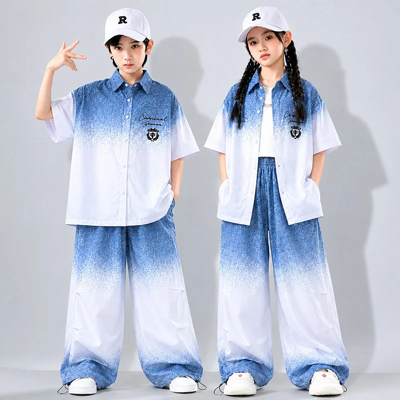 Kids Jazz Dance Costumes For Girls Gradient Blue Loose Kpop Outfits Boys Fashion Catwalk Show Hiphop Dance Rave Clothes DQS23487
