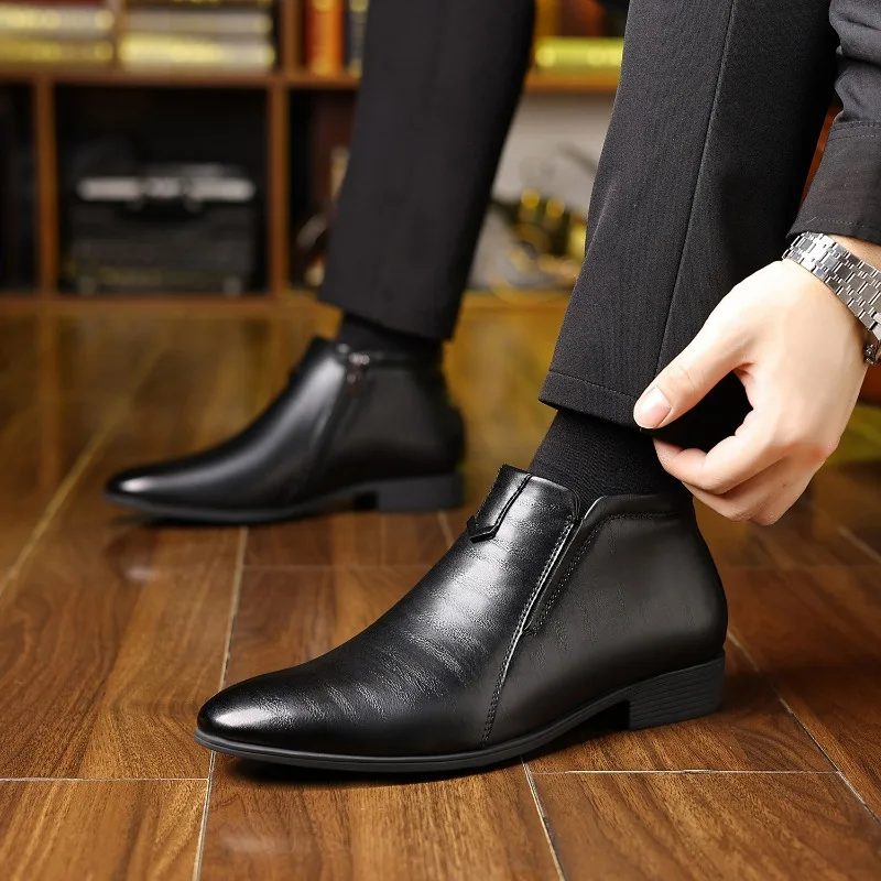Men's Ankle Boots Pointed Toe Dress Shoes Luxury High-top Men Leather Shoes Non-Slip Chelsea Boots Fashion Side Zipper Men Boots