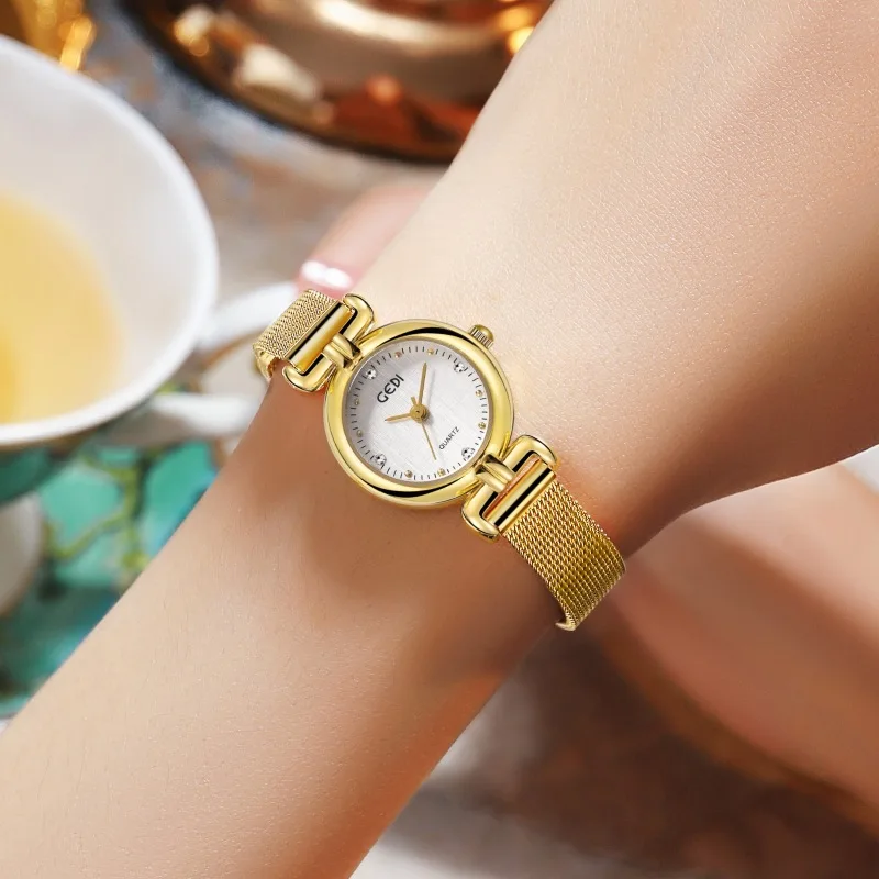 Fashion GEDI Top Brand Luxury Gold Luxury Cloth Patterned Small Round Dial Mesh Strap Waterproof Women's Vintage Quartz Watches