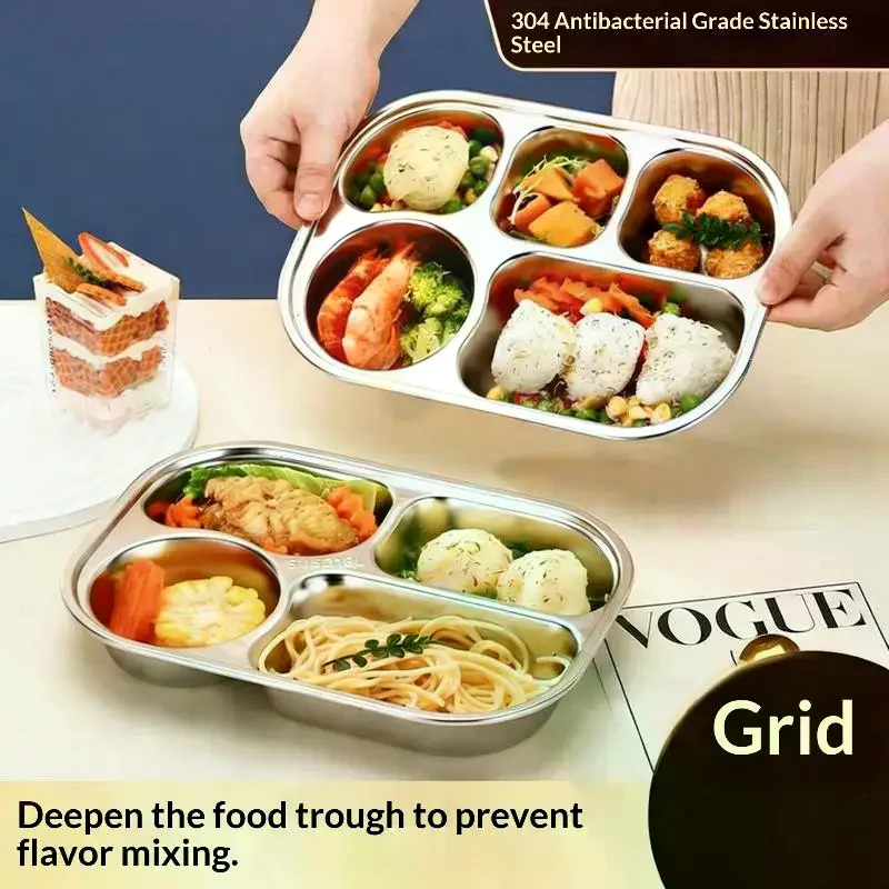 2/3/4 Grids Food Plate Dishes Reusable 304 Stainless Steel Square Divided Dinner Plates Fruit Salad Tableware Container No Rust