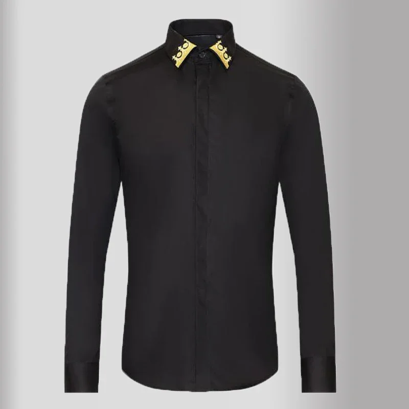 New Black Royal Mens Shirts Luxury Gold Embroidery Long Sleeve Casual Mens Dress Shirts Slim Fit Male Shirts Plus Size 3XL