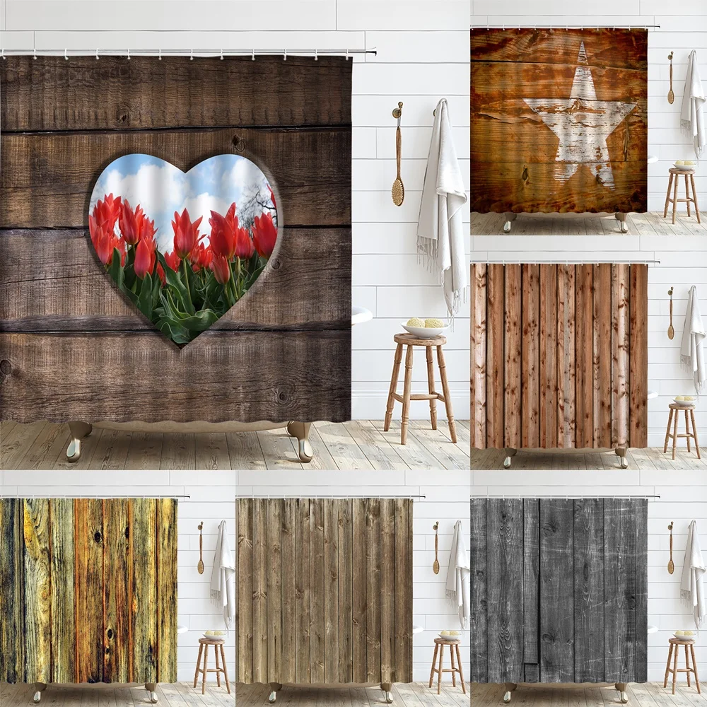 

Rustic Tulip Flower Shower Curtain Vintage Striped Wood Plank Board Hardwood Design Fabric Bathroom Decor Curtains Set with Hook