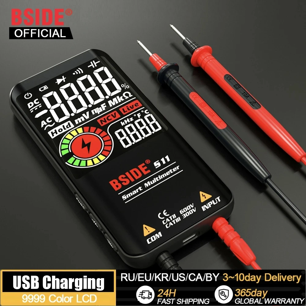 มัลติมิเตอร์แบบดิจิทัล bside Profesional 9999จำนวนสมาร์ทมัลติซีรี่ย์ DC แรงดันไฟฟ้าตัวเก็บประจุโอห์ม NCV Hz เครื่องทดสอบสายไฟสด