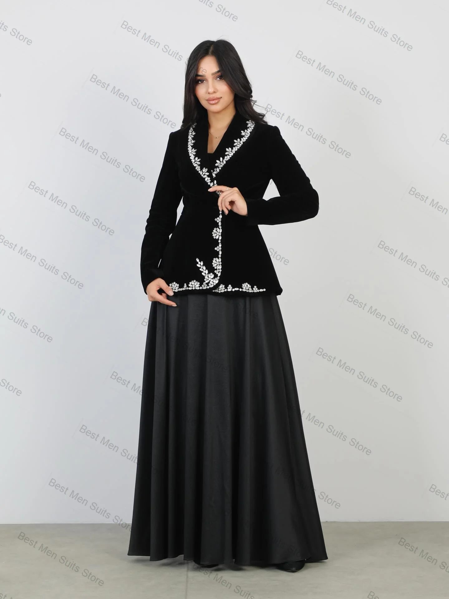 

Velvet Black Women Suit Set 2 Pcs Blazer+Prom Dress Crystals Formal Office Lady Jacket Customized Guest Wedding Tuxedos Coat