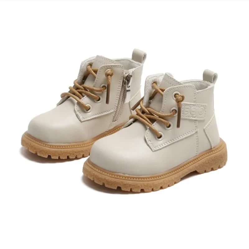 2024 New Spring/Autumn Baby Boots Leather British Style Boys Fashion Boots Rubber Sole Zip Side Toddler Girls Ankle Boots 15-25