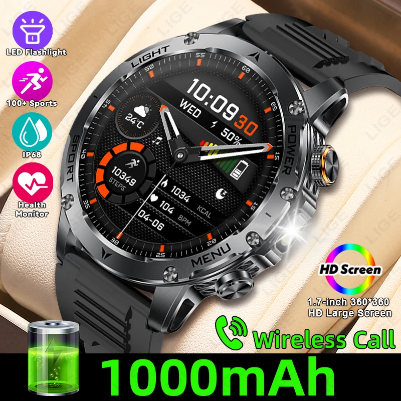 

LIGE 2025 Новые 1000 мАч 1,7-дюймовые Смарт-часы Мужские Спортивные Фитнес Светодиодный Фонарик IP68 Водонепроницаемые BT Call Smartwatch Для HUAWEI XIAOMI