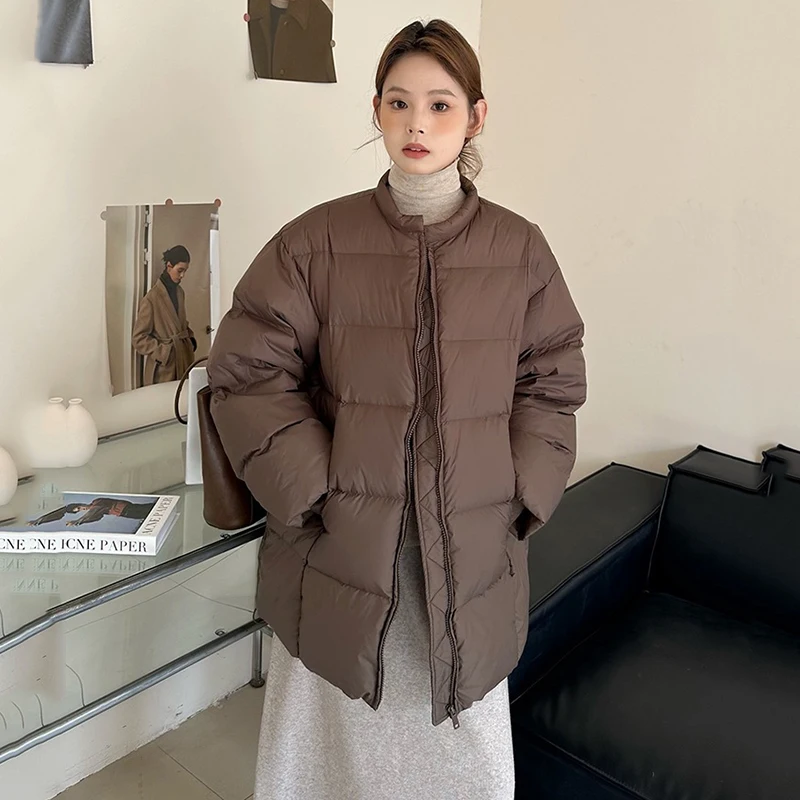 

Winter Warm O Neck Mid Length Solid Down Jacket Women White Duck Down Zipper Parker Outwears Female Thicken Drawstring Jackets
