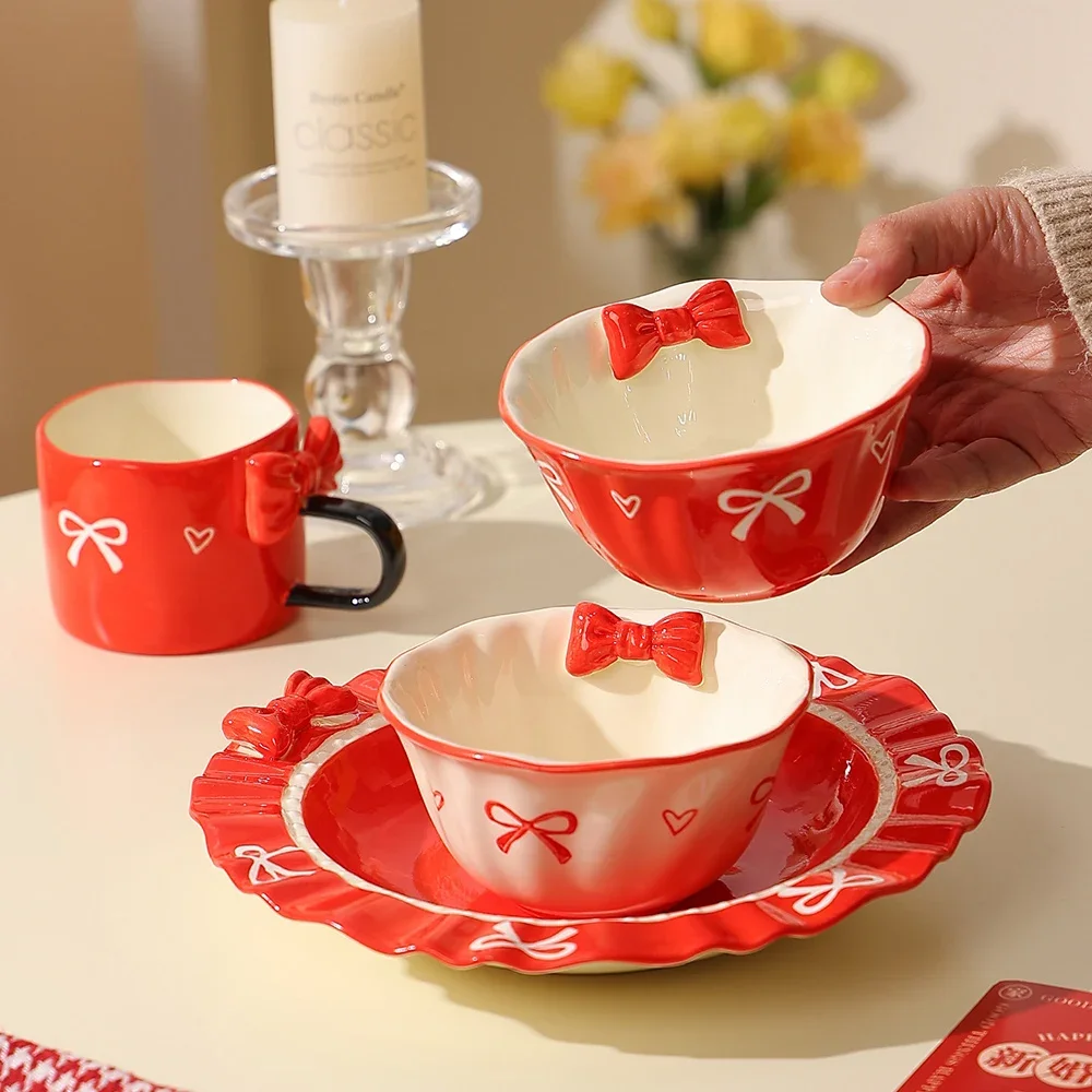 Creative Bow Flower Edge Ceramic Bowl Korean Style Ins Contrast Color Delicate Porcelain Dinnerware Breakfast Milk Oats Bowls