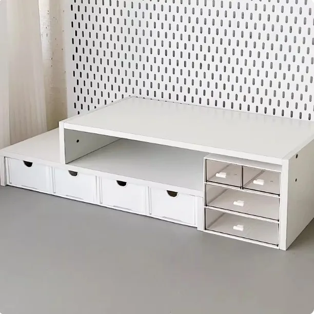 Desktop Riser Stand Drawer Style Computer Notebook Monitor Storage Box Dormitory Desk Organizer PVC Material Home Organization