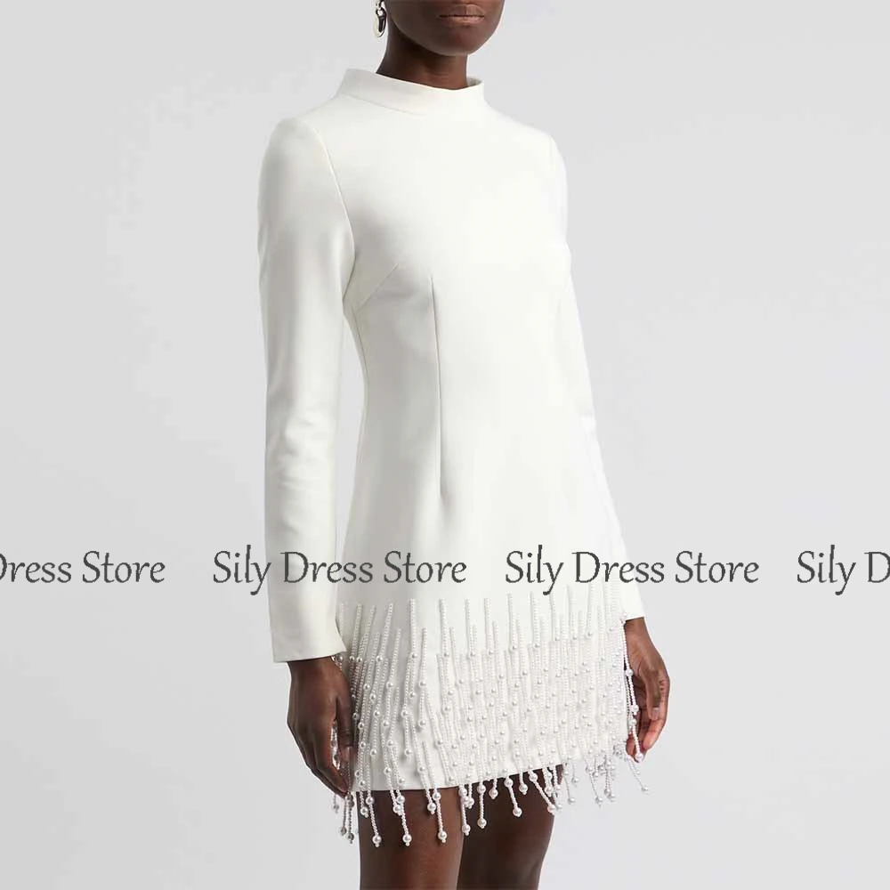 فساتين لحفلات الكوكتيل الفاخرة 2025 فستان جيرسي غمد/عمود للحفلات الراقصة أبيض بياقة عالية لؤلؤ شرابة وسحاب فساتين الحفلات الصغيرة #2