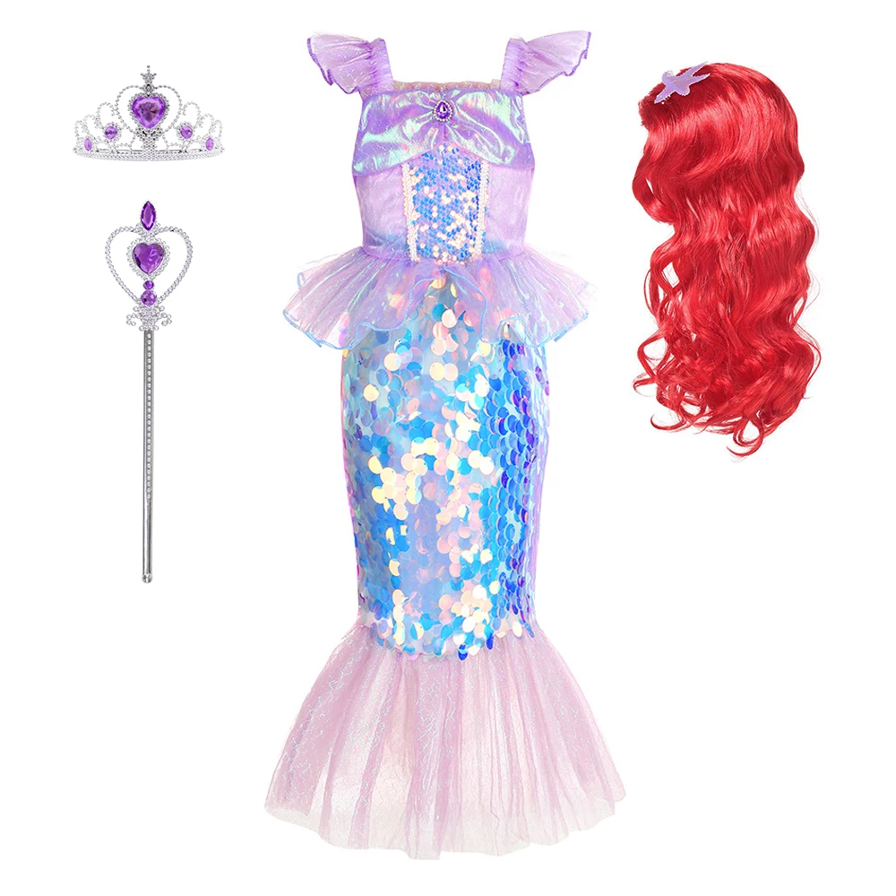 Baby Girls Carnival Mermaid Costume Ariel Sequins Bling Mermaid Purple Princess Dress With Accessories For Birthday Clothing