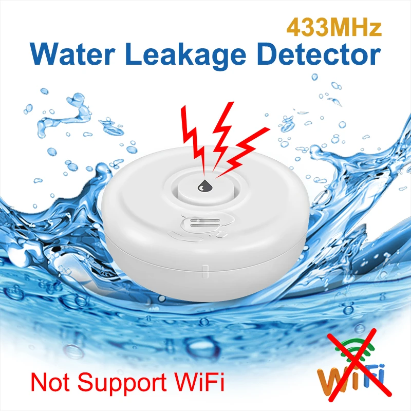 433MHz Wireless Water Leak Alarm Detector Sound Alarm Sensor Flood Detector Detects Water Overflow Works with Alarm System