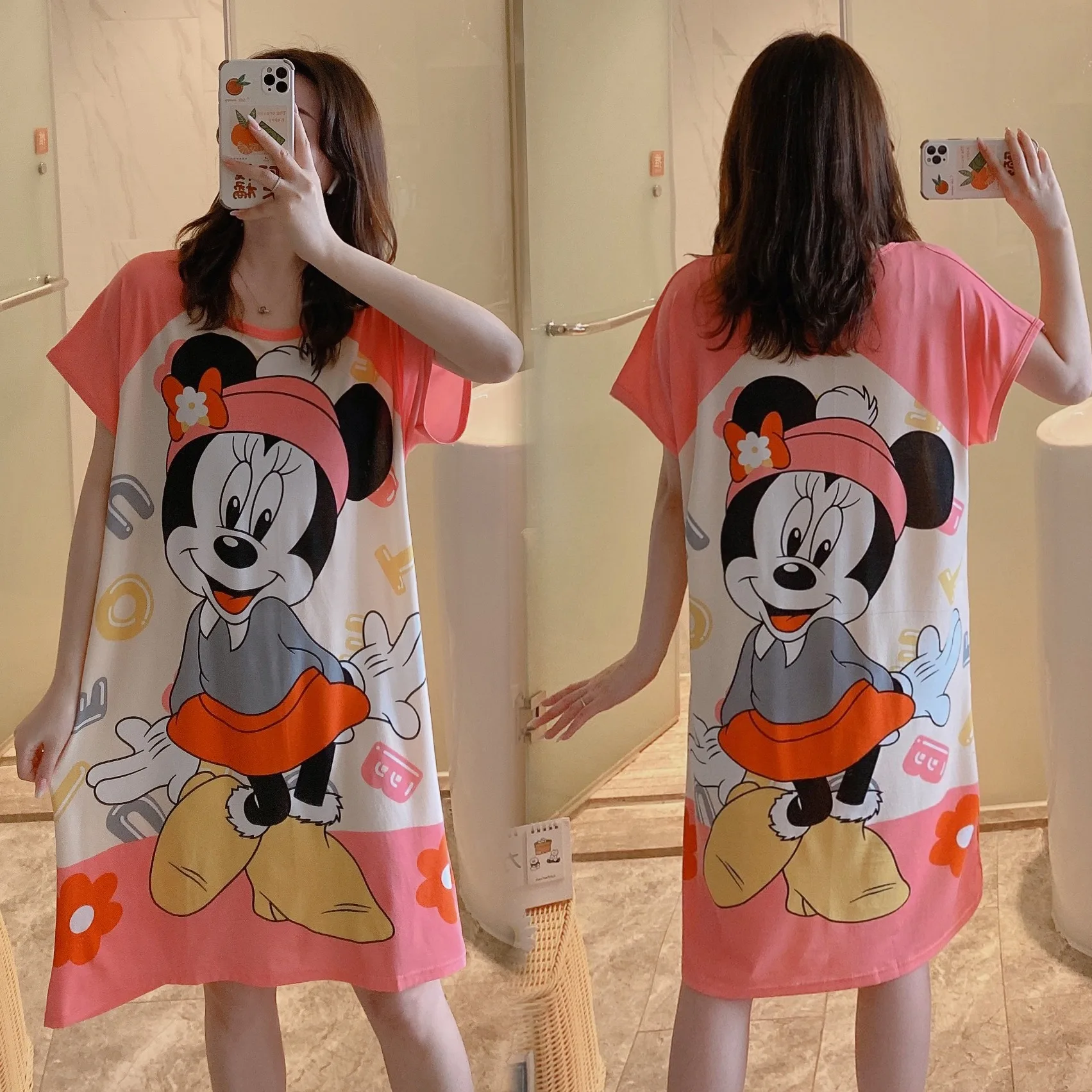 

1PCS Nightdress Minnie Pajamas Medium Long Women's Summer Thin Loose Cartoon Nightdress Short-Sleeved Dress Home Service