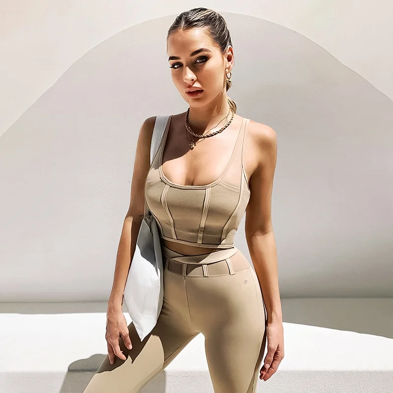 set pieces New fashion two bodycon jumpsuit khaki sexy slim evening club women pencil pant yoga jogging sporting suit