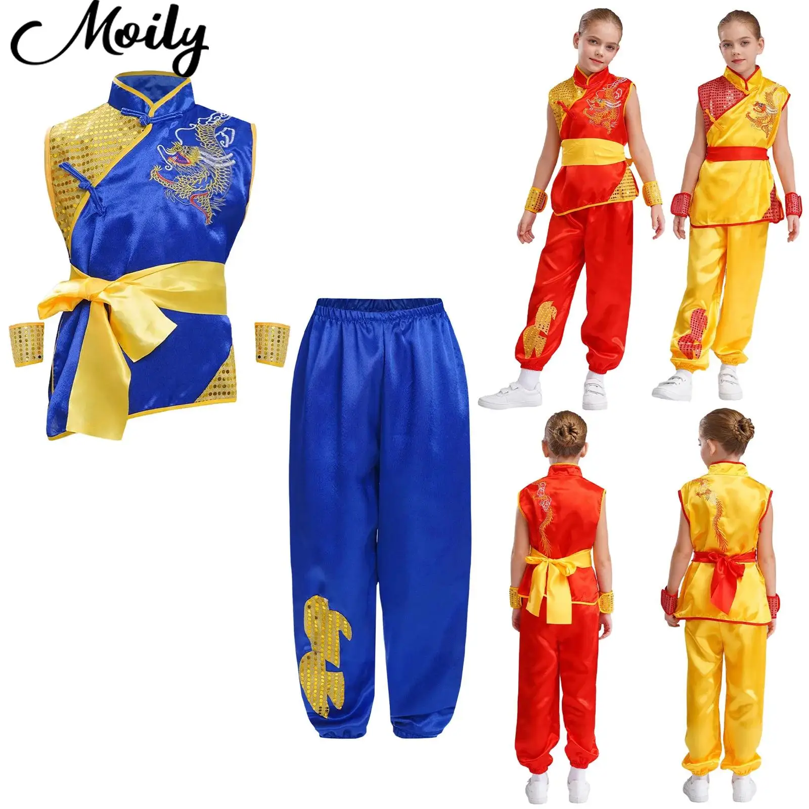 

Muay Thai Outfit for Kids Girls Boys Satin Kung Fu Suit Martial Arts Costume Short Sleeve Tops+Pants Belt Cuffs Cosplay Costumes